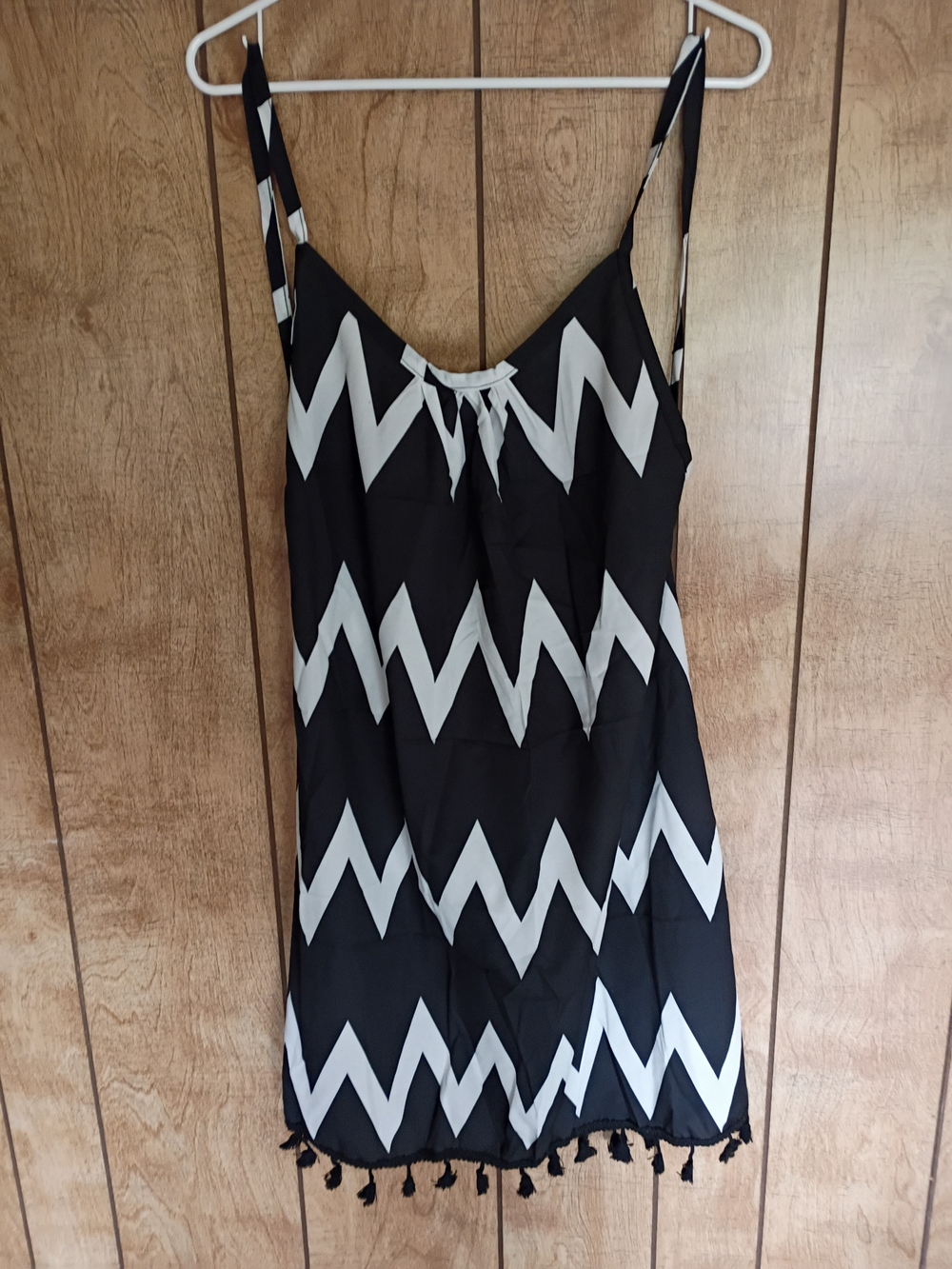 Black and White Zigzag Slip Dress with Tassel Hem